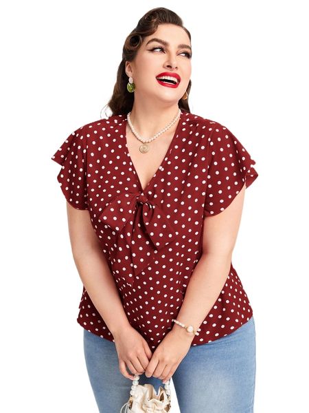 

plus polka dot print knot front butterfly sleeve blouse 52zr#, Black