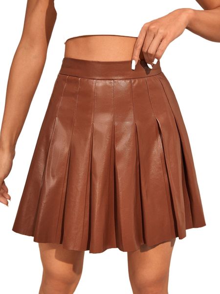 

high waist pleated pu leather skirt c9x8#, Black