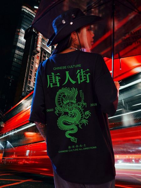 

chinese dragon & letter graphic drop shoulder tee z5jk#, White