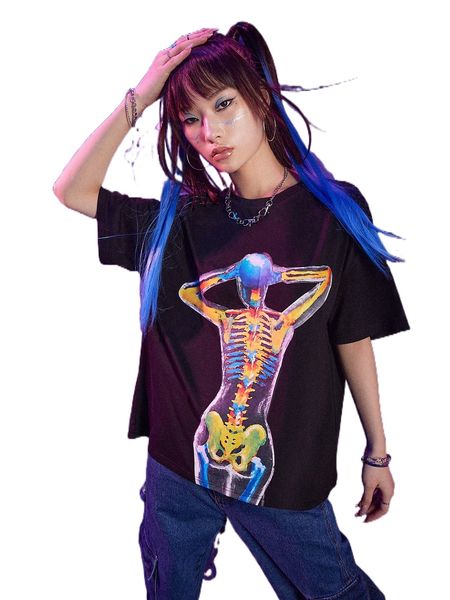 

romwe cyber luvr skeleton graphic drop shoulder tee o23v#, White