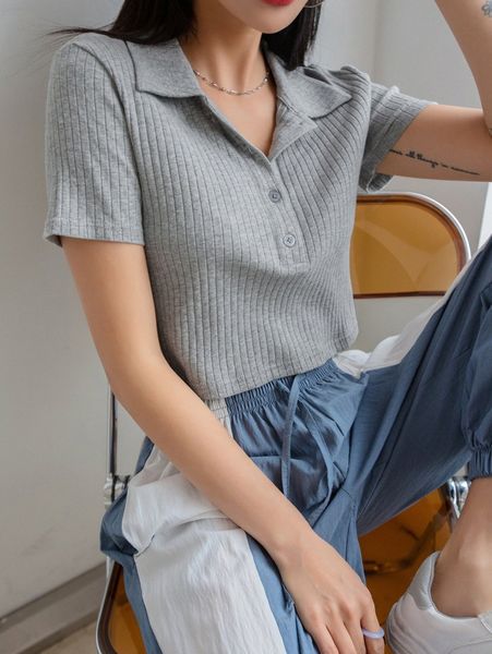 

dazy polo neck ribbed knit tee n62l#, White