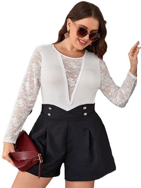 

plus contrast lace tee bodysuit u1os#, Black