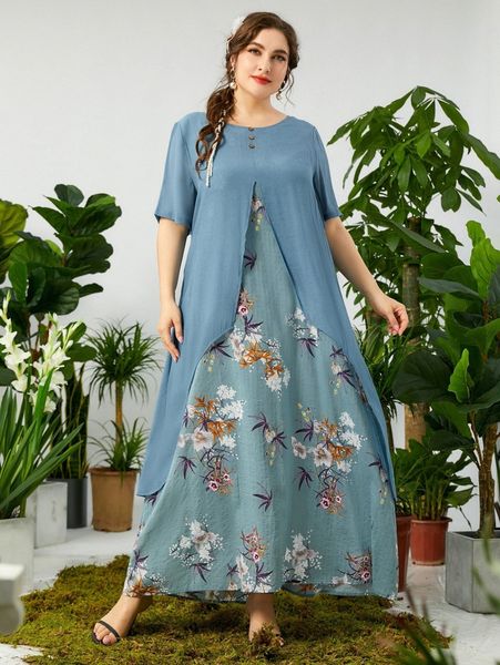 

plus floral print fake button 2 in 1 dress e2oy#, Black