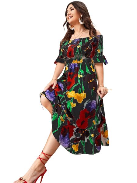 

plus floral print shirred off shoulder flounce sleeve ruffle hem dress v7wk#, Black