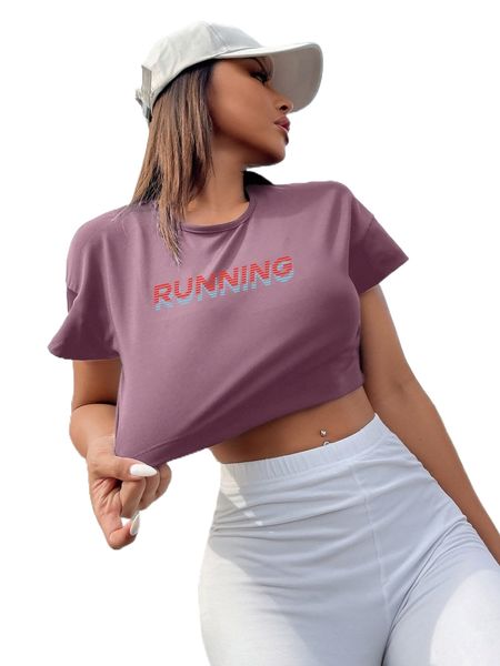 

drop shoulder letter graphic crop sports tee a51x#, Gray