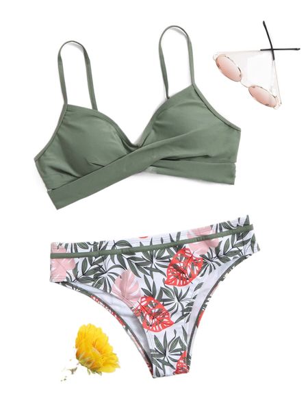 

plant print twist front bikini swimsuit y13y#, White;black