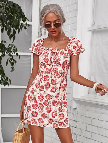 

tie neck ruched bust floral milkmaid dress a1u1#, Black;gray