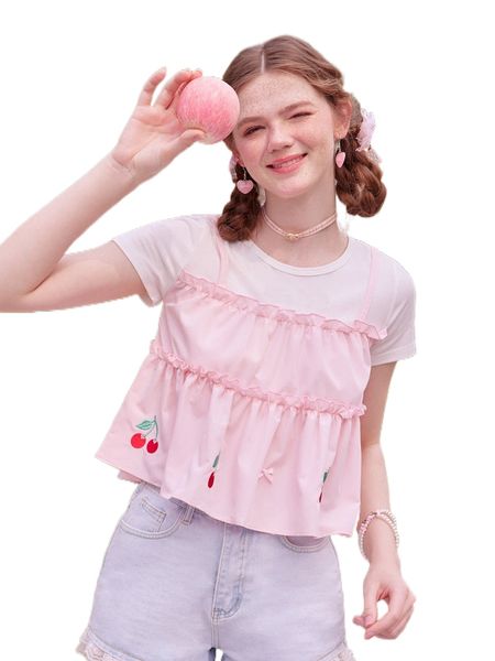

kawaii letter cherry embroidery 2 in 1 tee r8tq#, White