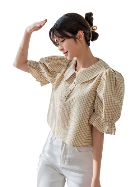 

dazy gingham puff sleeve half button blouse m8cv#, White