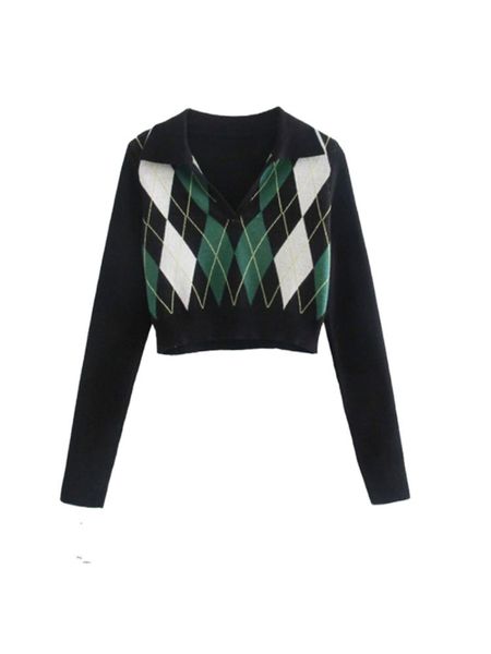 

ladies sweaters autumn winter new plaid long sleeve loose polo collar sweater women fashion knitted pullover femme, White;black