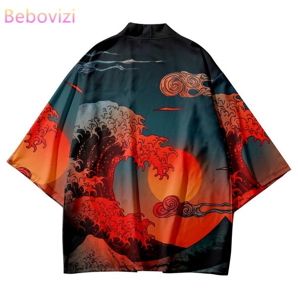 

kanagawa waves red sun print japanese traditional kimono men women yukata cardigan red black cosplay haori samurai clothing