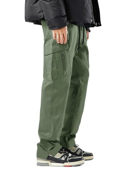 

men solid drawstring waist cargo pants h3f2#, Black
