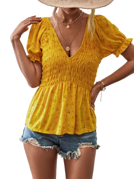 

floral embroidery shirred puff sleeve peplum tee 13gv#, White