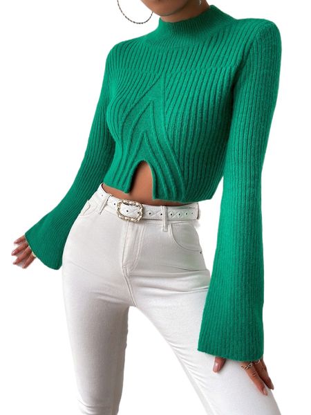 

mock neck split hem crop sweater q3l5#, White;black