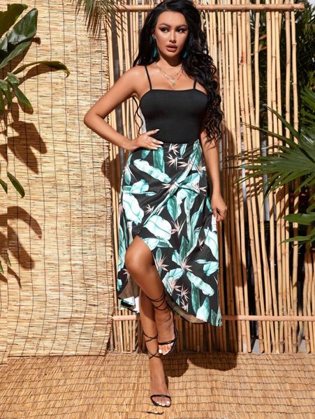 

sxy tropical print tulip hem cami dress v0wz#, Black;gray