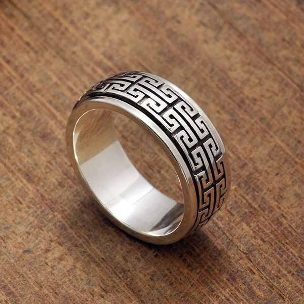 

925 sterling silver great wall pattern back lucky turnable ring tide men retro thai silver personality fashion jewelry