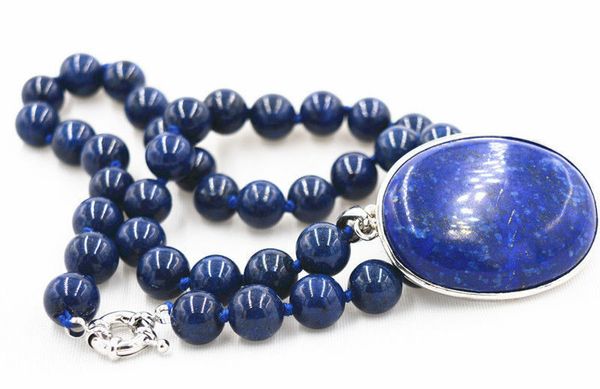 

beautiful 10mm blue lapis lazuli beads &amp 30x40mm pendant necklace 18 &quot, Silver