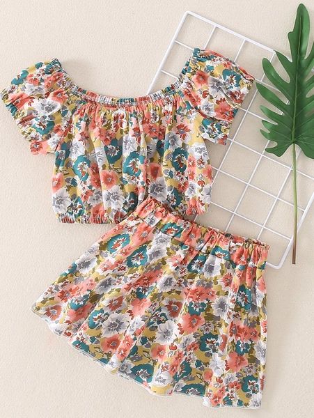 

toddler girls floral print puff sleeve & skirt she, White