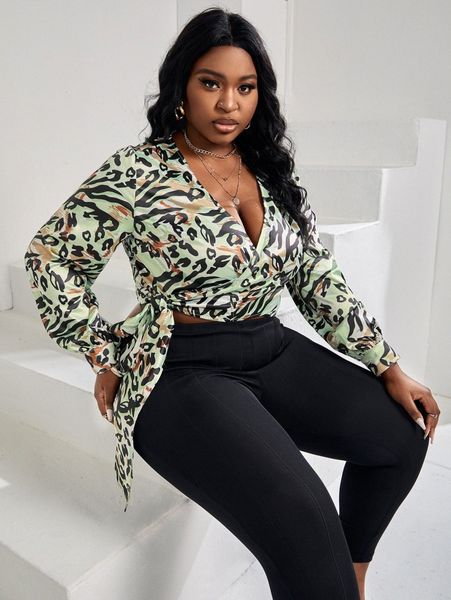 

sxy plus leopard & zebra striped wrap blouse 93nl#, Black