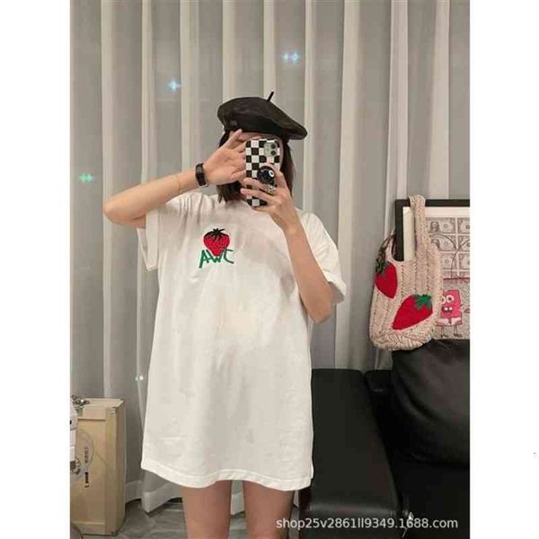 

women's t-shirt spring and summer strawberry embroidery t-shirt 100 with letter printing leisure sweet style short sleeved u426 o3a1, White