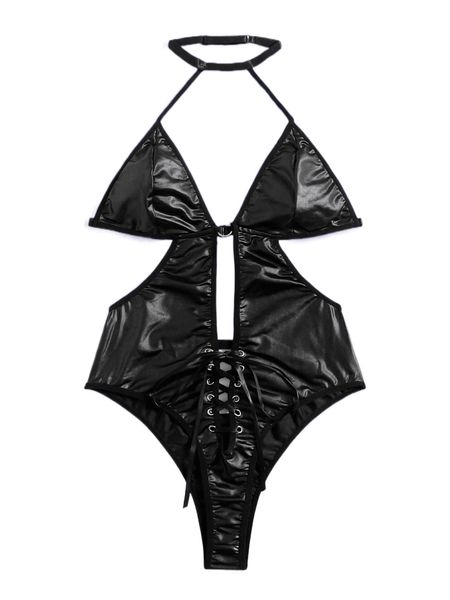 

romwe cyber luvr solid lace up ring linked halter teddy bodysuit m4ds#, Black;red