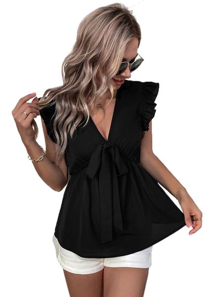 

butterfly sleeve knot front peplum blouse i7i1#, White