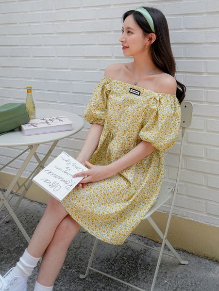 

dazy ditsy floral lantern sleeve smock dress g2pc#, Black;gray