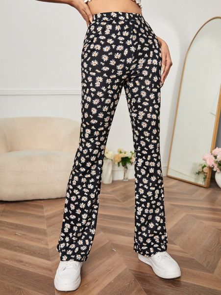 

petite floral print flared leg pants q82g#, Black;white