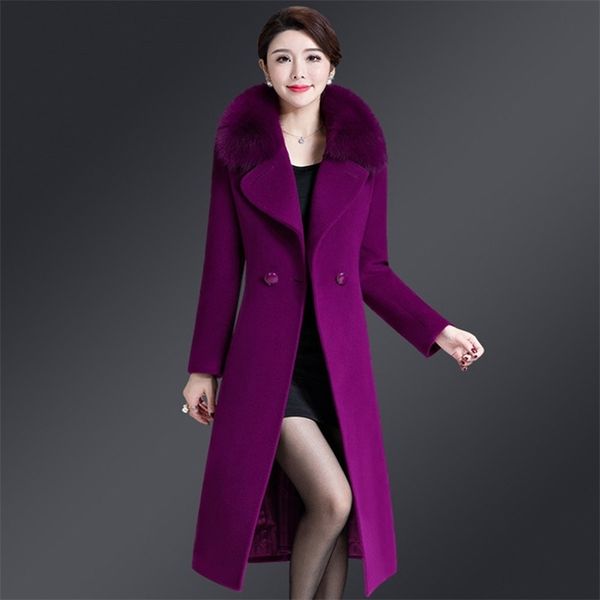 

women's wool blends winter jacket women wool coat big fur collar woolen blend coat elegant long overcoat outwear manteau femme hiver 22, Black