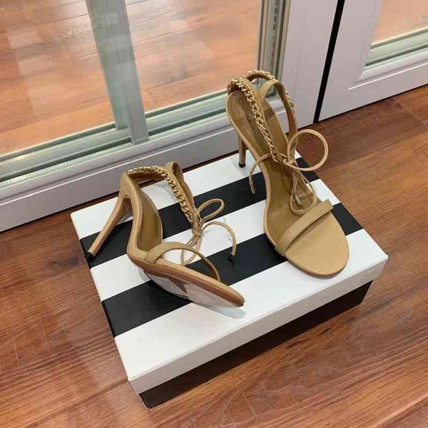 

sandals women's leather summer sandals ankle strap open end high heels multiple decorative chains series, Black