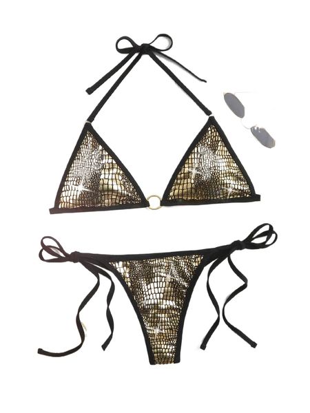 

metallic halter triangle bikini swimsuit k4yo#, White;black