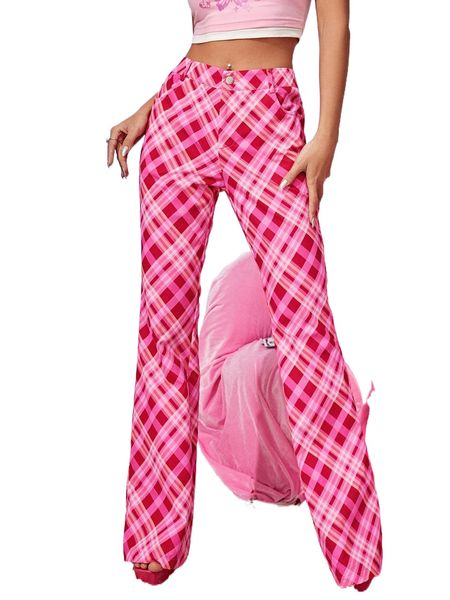 

plaid boot-cut leg pants without belt e9n9#, Black;white