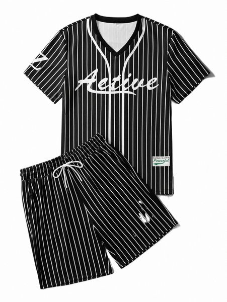 

men letter & striped print shirt & shorts u23n#, Gray