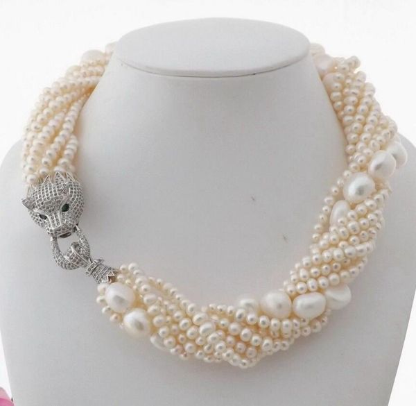 

new natural 9 strands freshwater white pearl 5-11mm necklace cz pave leopard head clasp 18inches, Silver