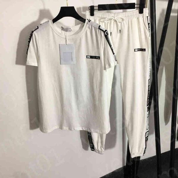 

womens two piece pants brand two piece set logo letter printed short sleeve cotton t-shirt match slim high waist loose leggings suit luxury, White