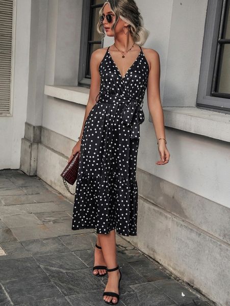 

polka dot overlap collar crisscross back ruffle hem belted dress b4km#, Black;gray