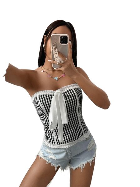 

plaid print knot front frill trim tube y7ey#, White