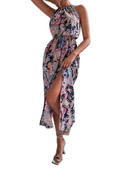 

floral & paisley print split thigh halter dress y8m2#, Black;gray