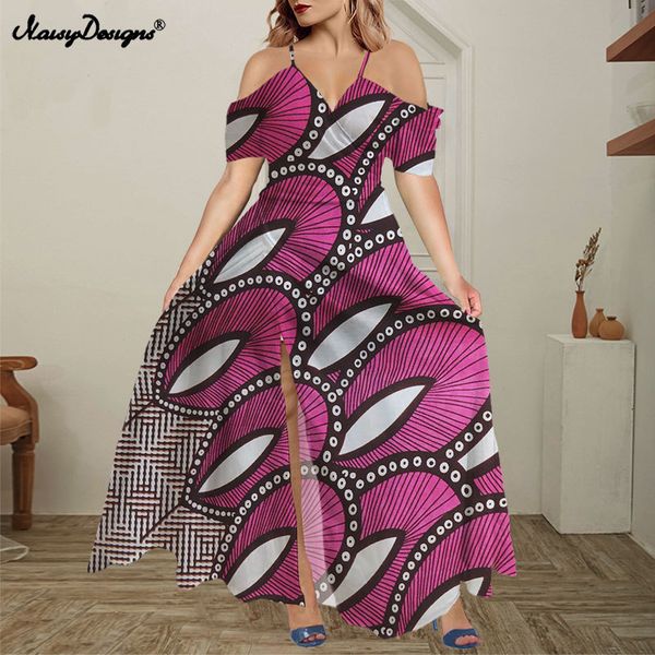

noisydesigns african dashiki print women evening party maxi dress ladies plus size boho floral cold shoulder split vestido 220627, Black;gray