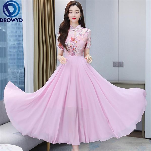 

summer beach maxi dress for women fashion casual o-neck short sleeve female elegant print chiffon party vestidos, Black;gray