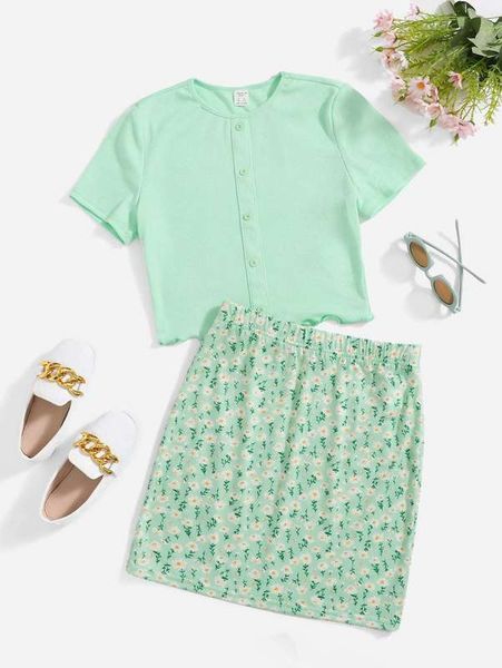 

teen girls button front tee & ditsy floral print skirt set she, White