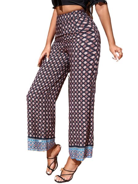 

sxy argyle & floral print wide leg pants 06dl#, Black;white