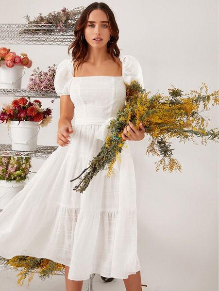 

square neck puff sleeve ruffle hem belted dress v4t4#, Black;gray