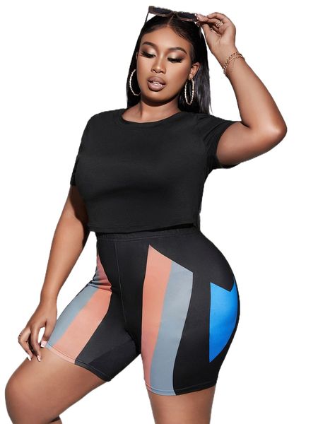 

plus solid crop tee & color block biker shorts g37n#, Black