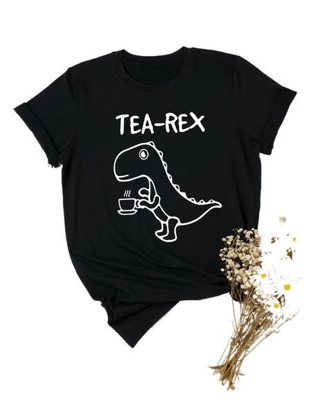 

plus letter & dinosaur print tee b6j9#, Black