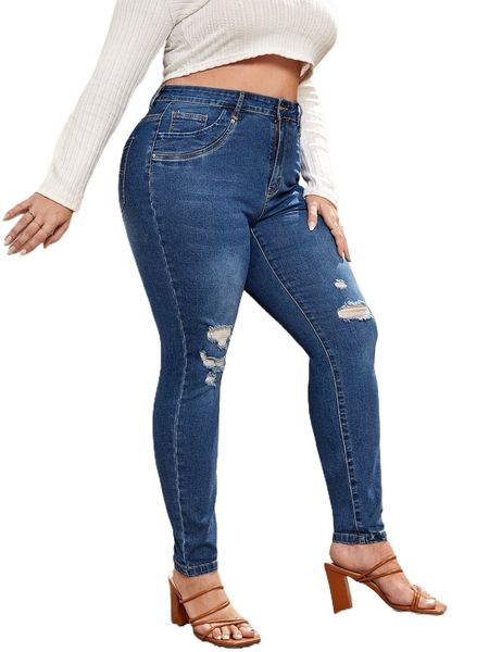 

plus high waist ripped skinny jeans u7mg#, Blue