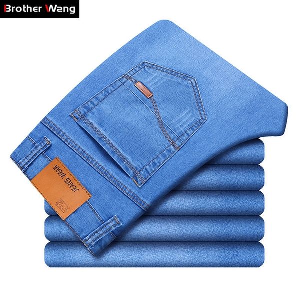 

brand men's thin jeans summer style business casual slim fit elastic classic style trousers sky blue pants male 201128