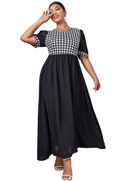 

plus houndstooth print puff sleeve maxi dress q0c1#, Black
