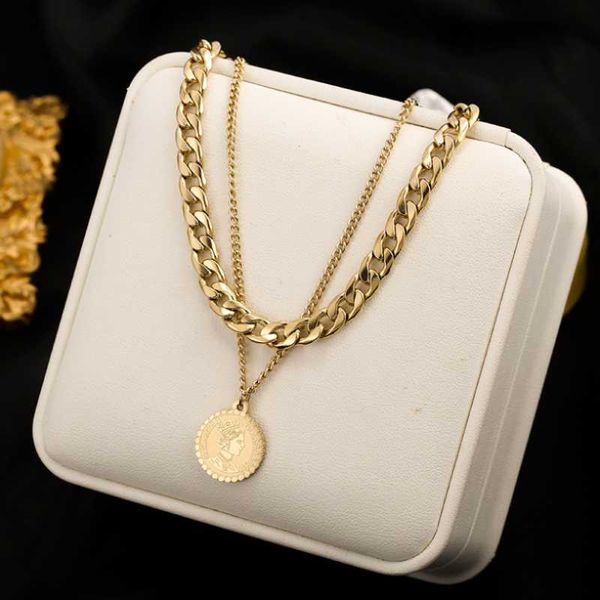 

pendant necklaces 316l stainless steel fashion upscale jewelry 2 layer queen coin charms thick chain choker & pendants for women, Silver