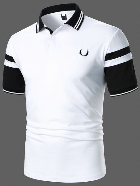 

men embroidery detail striped trim polo shirt p9sc#, White;black